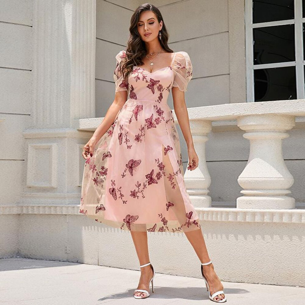 (pink, Small) "2025 Summer One-Shoulder Embroidered Print Waist Long Low-Cut Mesh Skirt Dress
