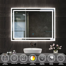 70x50cm Backlit LED Bathroom Mirror with Anti-Fog, Shaver Socket, Touch Control, 3-Color Temperature, Dimmable Brightness Memory