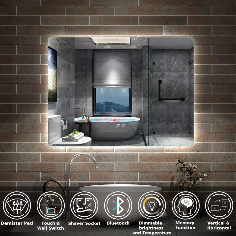 Bluetooth Bathroom LED Mirror with Shaver Socket, Wall Mounted LED Bluetooth Mirror with 3 Colors Lighting, Demister, 500x700mm Horizontal Vertical