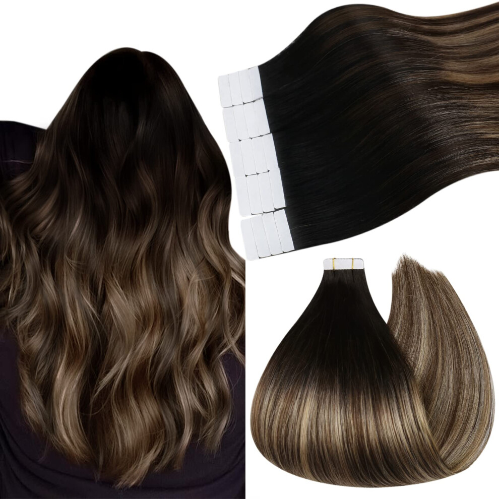 Ugeat Balayage Tape In Hair Extensions Human Hair 14 Inch Natural Black To Dark Brown With Caramel Blonde Tape In Hair Extensions Human Hair 20 Pieces
