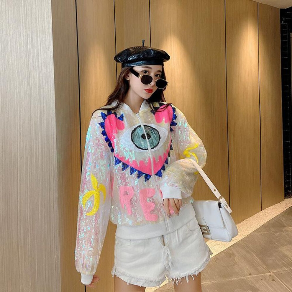 (white, One Size) "2024 European Station Sequin Eye Stand Collar Long Sleeve Jacket for Women