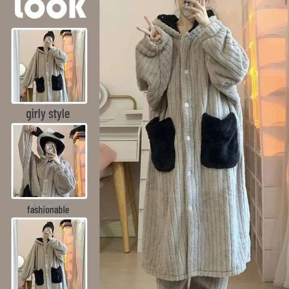 (L) "Girls' Hooded Coral Fleece Pajama Set - Nightgown, Bathrobe, and Trousers for Home or Outdoor Wear