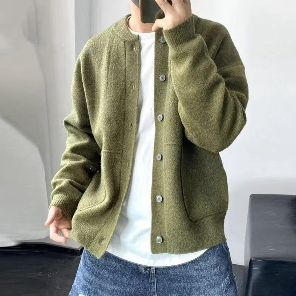 (green, XL) Men's Japanese Wool Cardigan - Spring/Autumn Hong Kong Style, Round Neck, Loose Fit, Thick Knit Sweater Coat