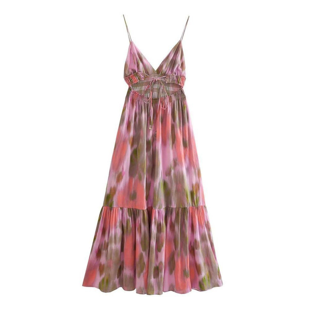 (Small) "2023 Summer Women's Holiday Printed Midi Suspender Dress