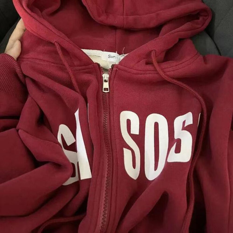 (M) Burgundy Hooded Velvet Sweater: American Retro Autumn/Winter Women's Baseball Style Cardigan Jacket