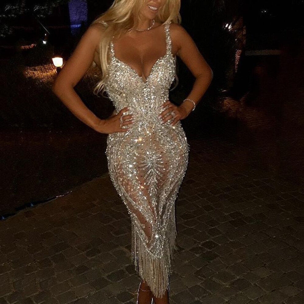 (gold, XXL) 2023 European & American Women's Deep V Long-Sleeve Sequin Dress