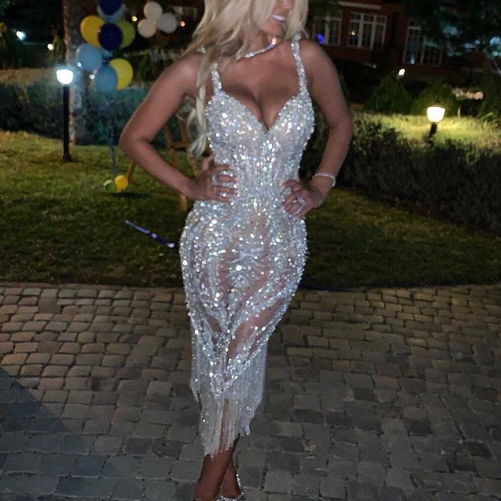 (silver, XL) 2023 European & American Women's Deep V Long-Sleeve Sequin Dress