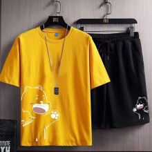 (yellow, 7XL) "Men's Summer Casual Short-Sleeve Loose T-Shirt and Shorts Set"