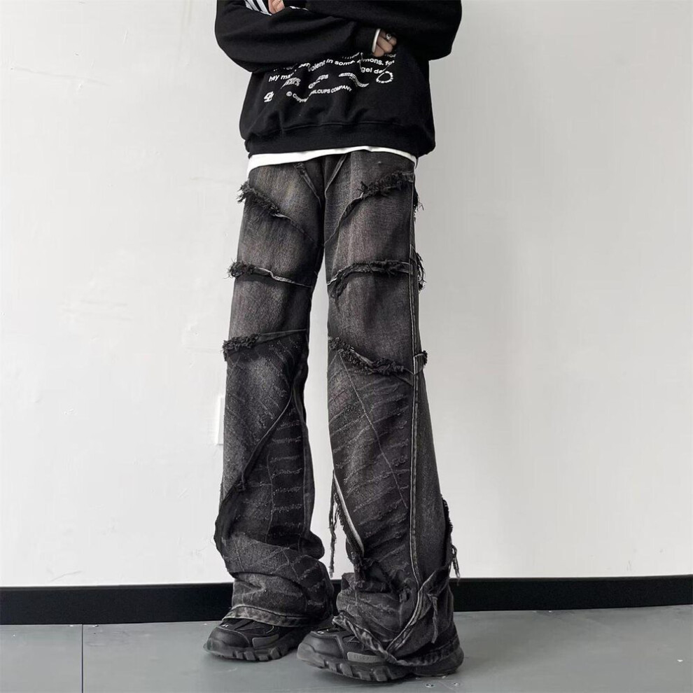 (black, Small) Men's Washed Black Waxed Slightly Flared High-grade Jeans