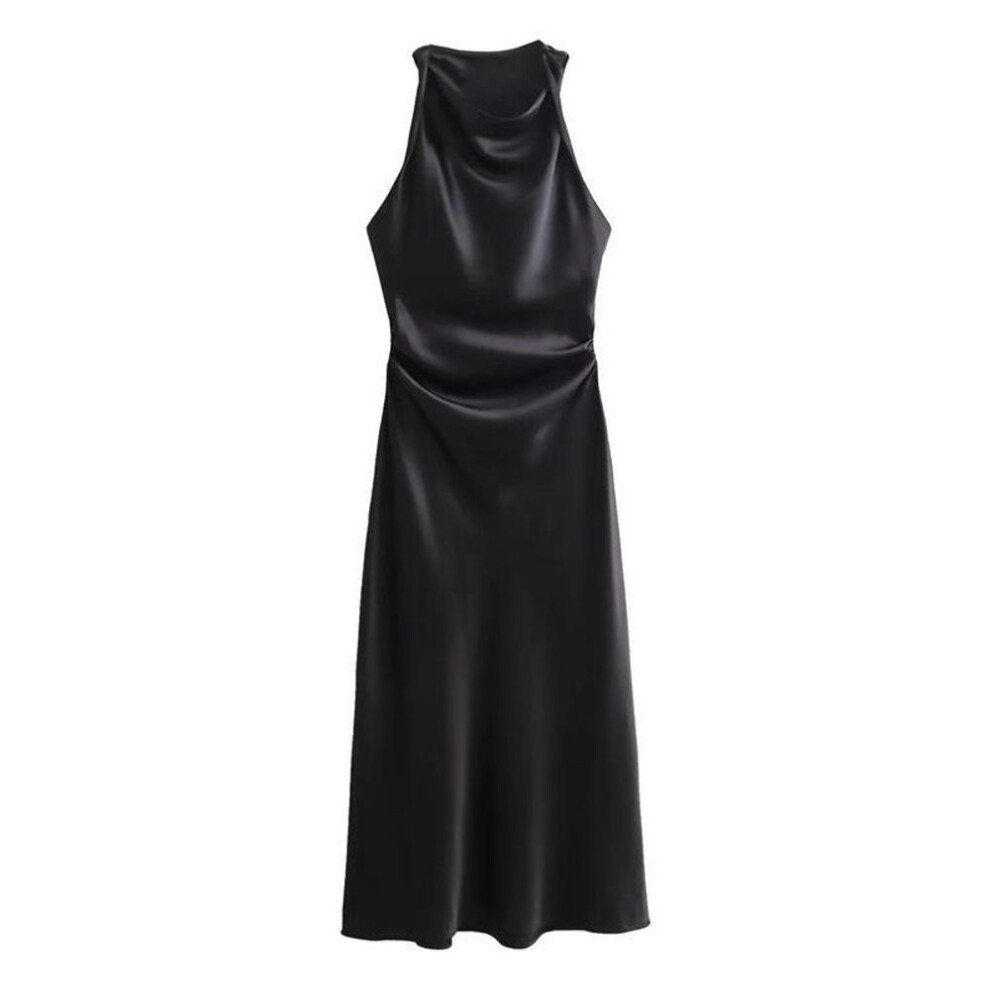 (black, Medium) Elegant European & American Style Satin Pleated Midi Dress - High-end Evening Dress For Women