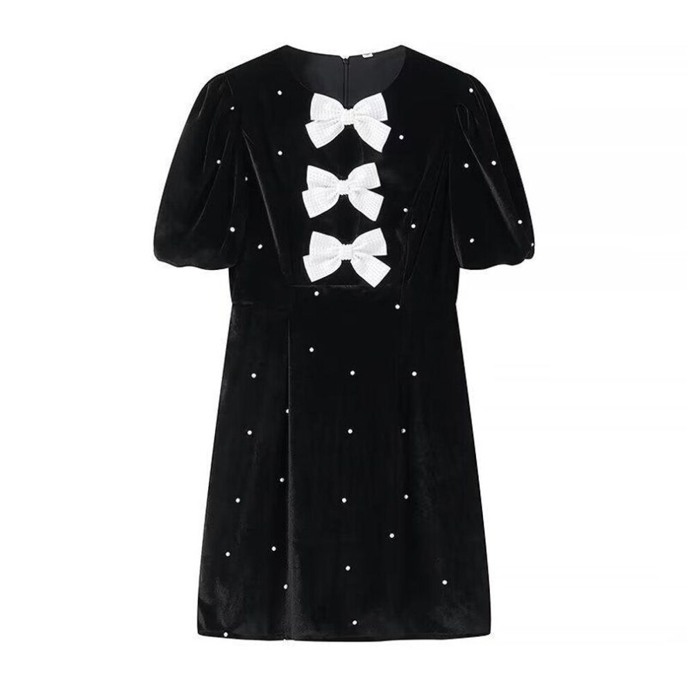 (black, Medium) Spring 2024 European & American Velvet Puff Sleeve Dress With Diamond Bow