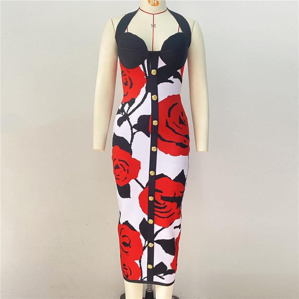 (red, Extra Large) "2024 Rose Jacquard Bandage Skirt: Sexy Halter Neck Dress with Gold Buttons