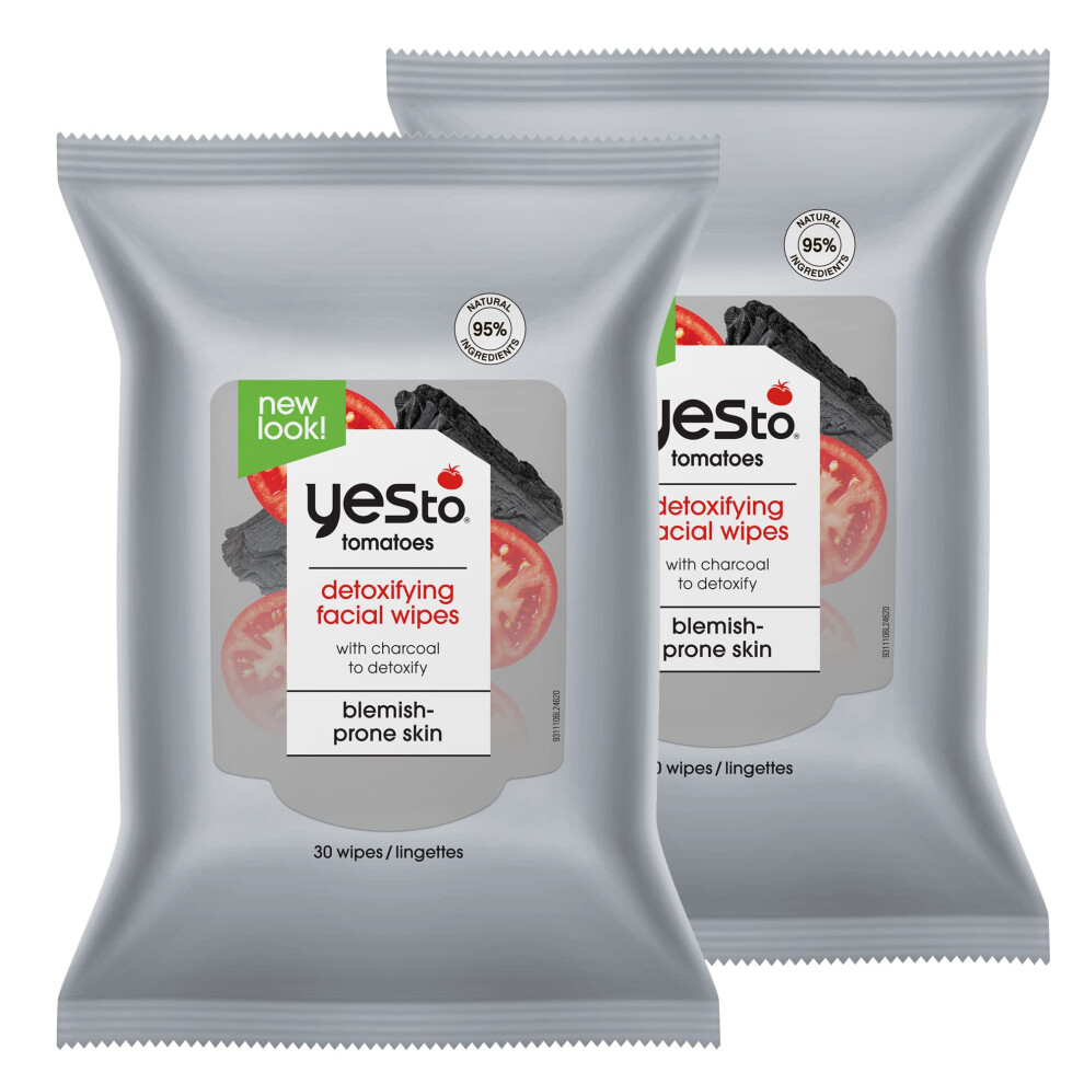 Yes To Face Wipes for Women and Men  Charcoal Facial Cleansing Wipes for use as a Make Up Remover  Cleaning  Soothing  Tomatoes (Pack of 2)