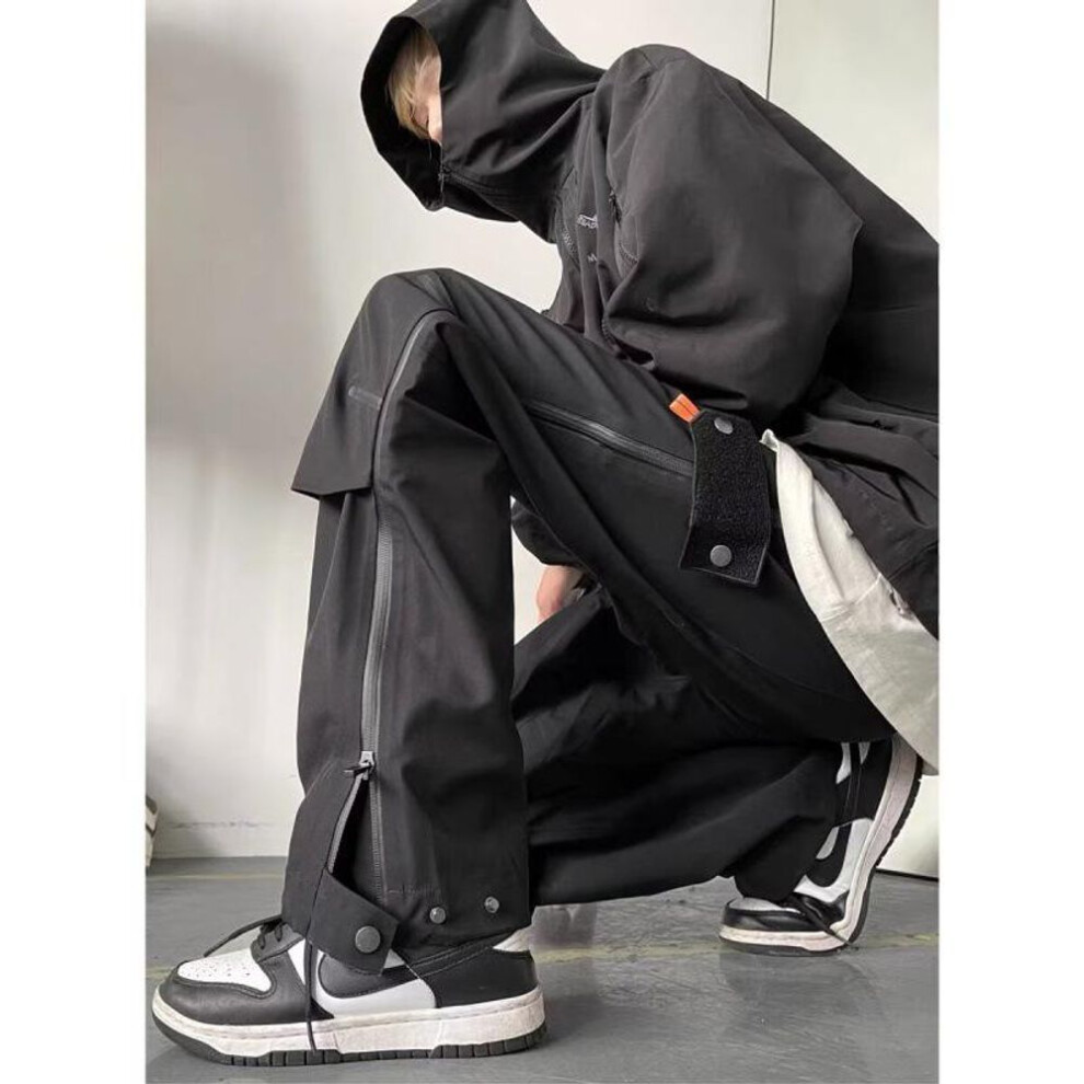 (black, 2XL) "men's Trendy 2024 Hong Kong Style Autumn Overalls With Big Pockets, Zipper & Drawstring