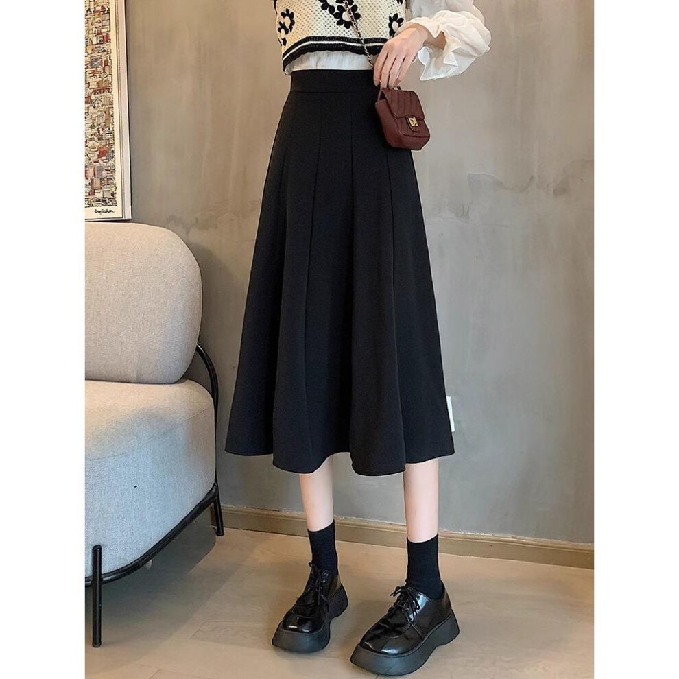 (black, 2XL) Women's Black A-Line Pleated Skirt: High Waist, Medium Length, Hip-Covering, Small Size, New Spring Style.