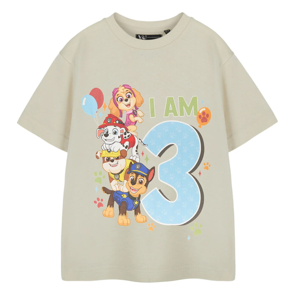 (3-4 Years, Beige) Paw Patrol Boys I Am 3 Short-Sleeved Birthday T-Shirt