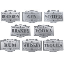Amlong Plus Deluxe set dranklabels voor flessen of karaffen, zilverkleurige set van 8 met verstelbare kettingfuncties (Bourbon Brandy Gin Rum Scotch