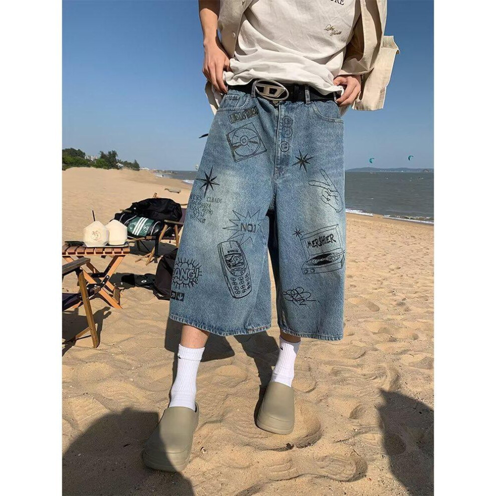 (blue, XL) "men's American Retro Graffiti Oversized Denim Shorts - Trendy, Loose Fit, 7-point Style For Summer