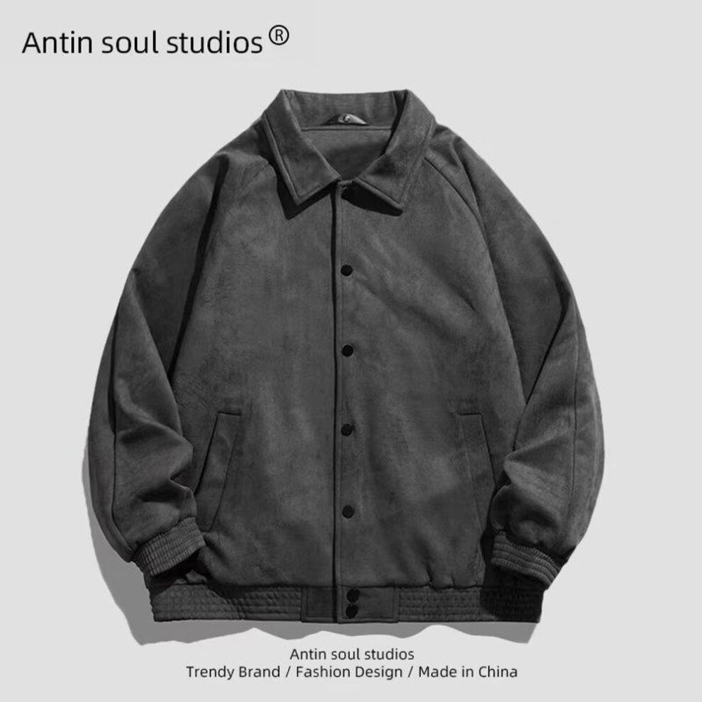 (gray, 3XL) Men's Retro Suede Baseball Jacket - Casual, All-Match, Spring Fashion for Couples and Boys