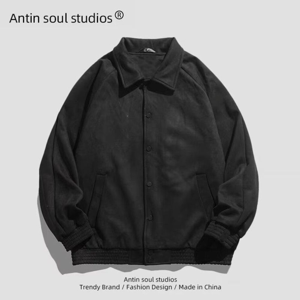(black, 2XL) Men's Retro Suede Baseball Jacket - Casual, All-Match, Spring Fashion for Couples and Boys