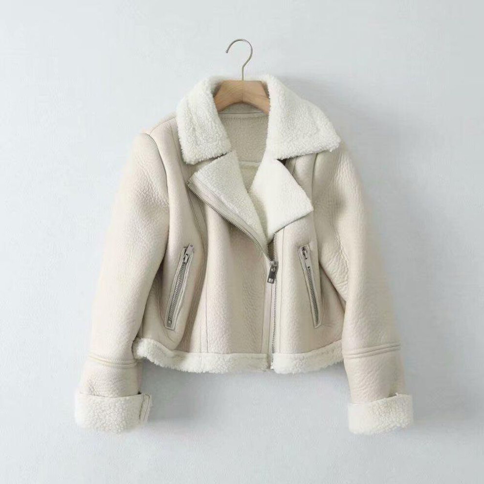 (white, Medium) 2023 Autumn/winter European & American Ladies' Lapel Fashion Motorcycle Jacket - Four-color Thickened Short Fur Coat