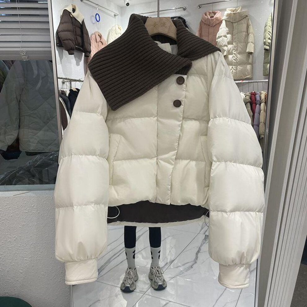(ivory, XL (suggested for 130-150 jin)) Women's 2023 Winter Knitted Lapel Loose Short White Duck Down Jacket