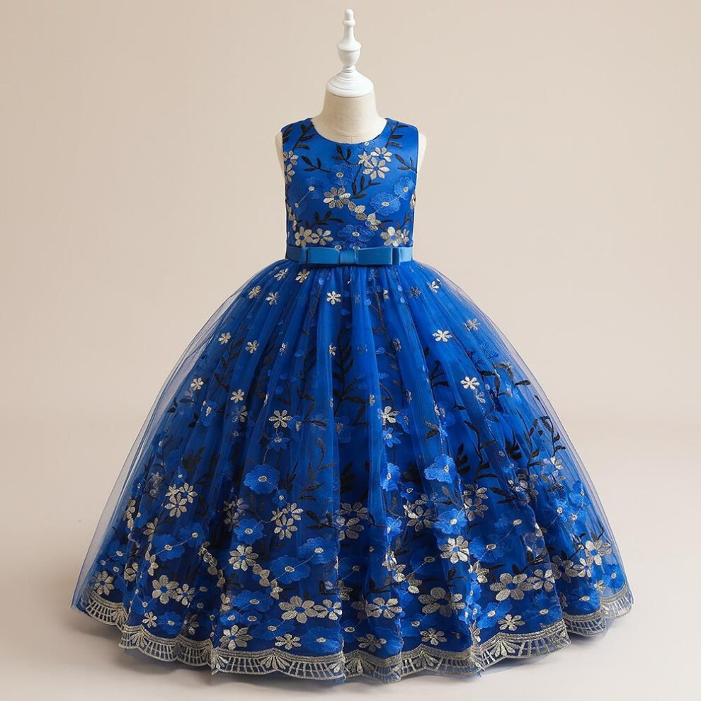(cyan, 160cm) Girls' Princess Performance Dress - Long, Embroidered Mesh Skirt for Older Children