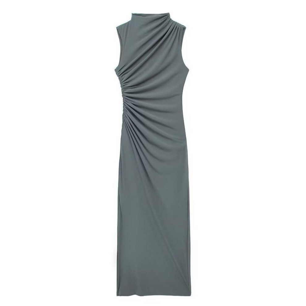 (green, XS) "2024 Sleeveless Pleated Stand Collar Midi Dress - Solid Color Slim Fit