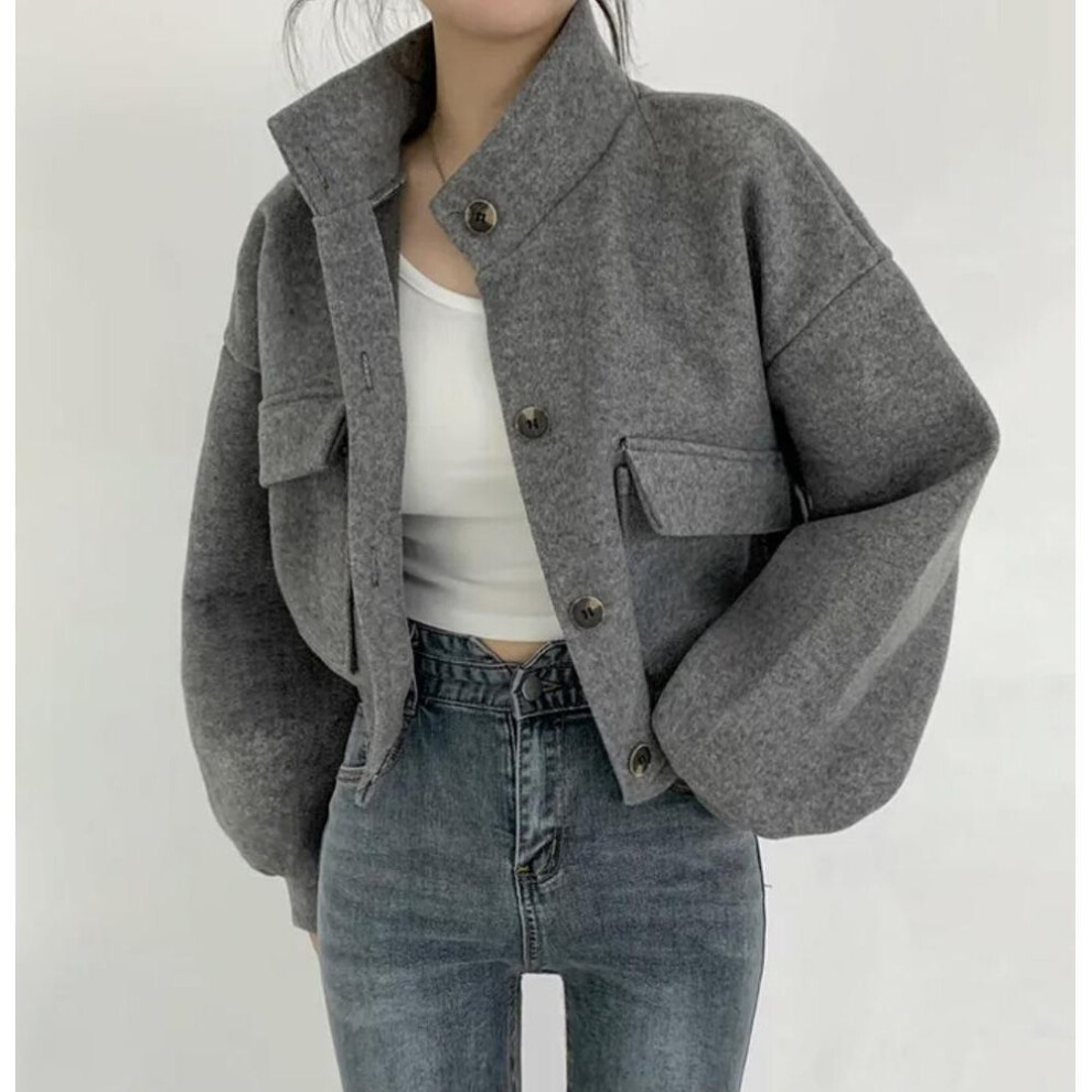 (gray, Large) "Trendy Korean-Style Woolen Coat: Autumn/Winter, Stand-Up Collar, Loose Fit for Women
