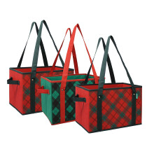 Earthwise Deluxe pliabila reutilizabila cutie de cumparaturi reutilizabile Set de pungi alimentare cu fund nconjurat Plaid Holiday Design de Cra