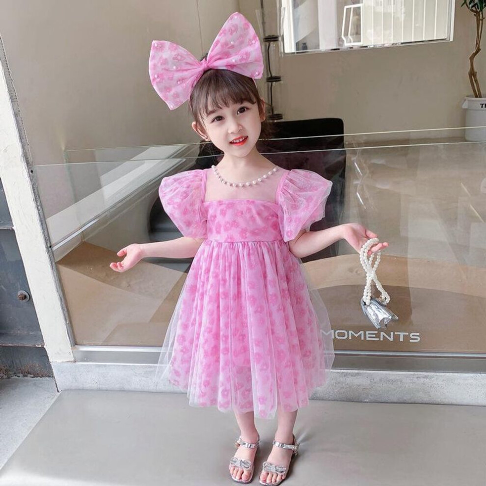 (140cm) "2022 Pink Leopard Print Princess Dress with Pearl Collar & Bow for Girls