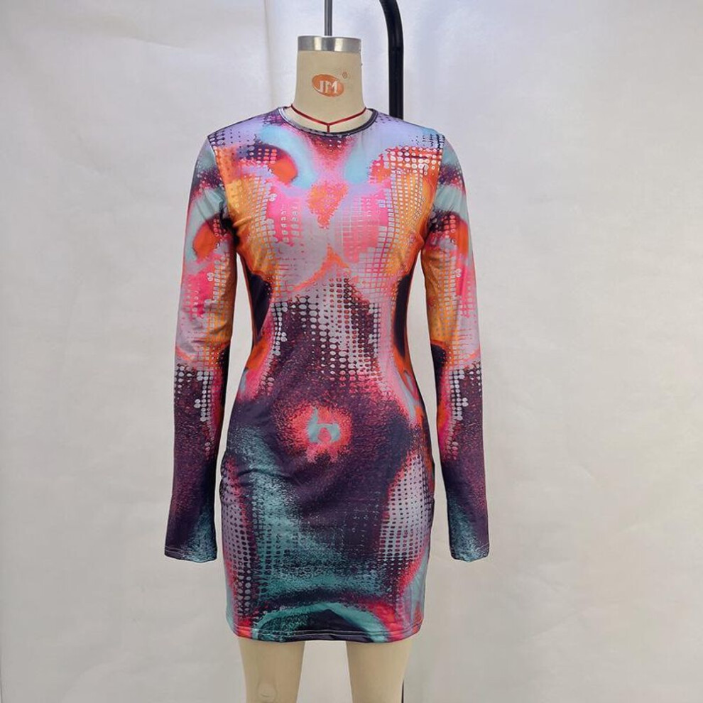 (red, Medium) "2023 Autumn/Winter Printed Round Neck Long-Sleeve Hip Skirt Dress for Children
