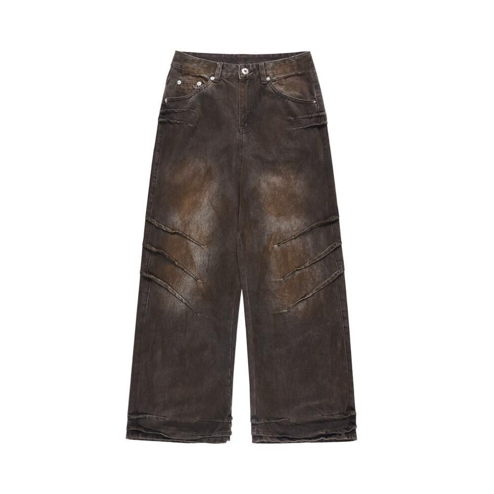 (rust brown, M) Men's Street Style Wasteland Distressed Jeans - Trendy Pleated Loose Wide-Leg Trousers.