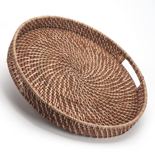 Ronde Dienbladen Met Handgrepen Voor Ottomaanse Geweven Salontafel Lade Decoratief Voor Keuken En Huis Natuurlijk (Klein 30cm x 6cm