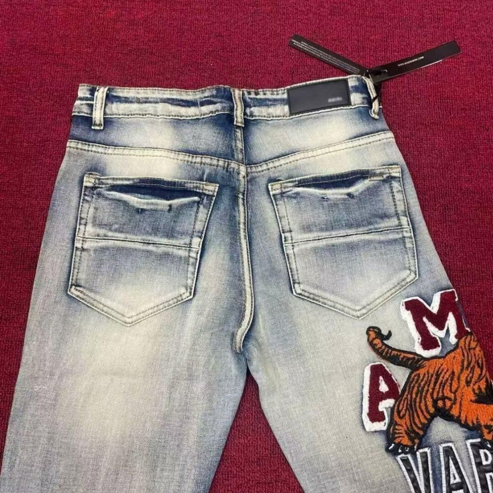 (blue, M) Unisex Summer Slim Fit Tiger Embroidered Jeans - Trendy Fog Style
