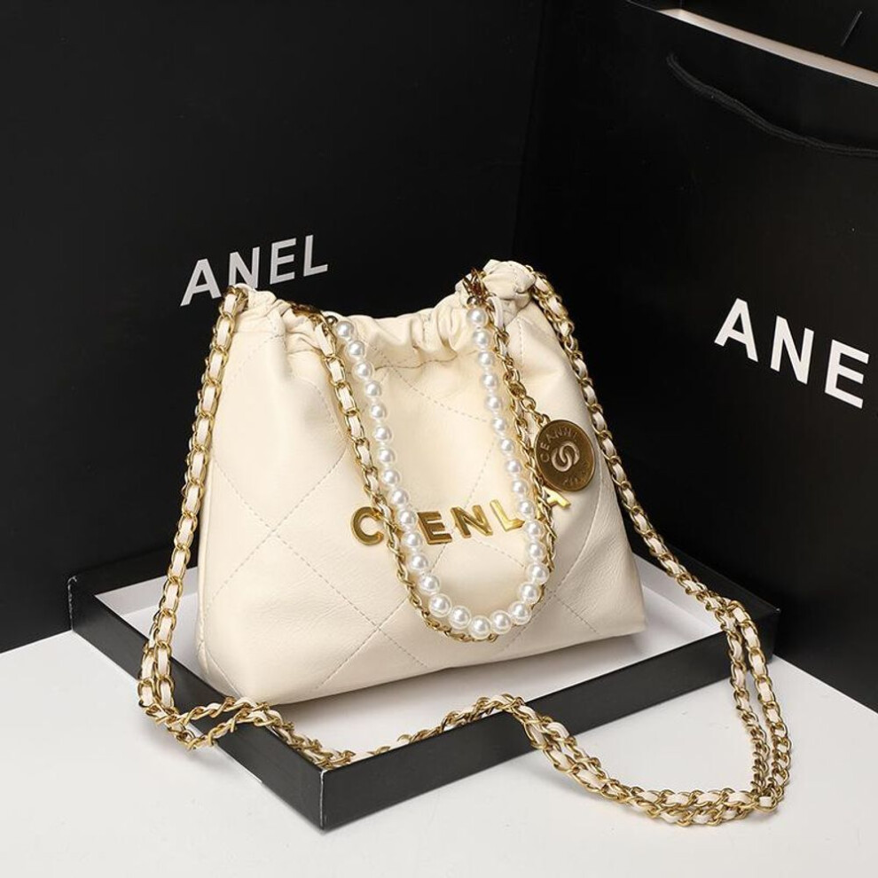(off-white) "2024 Women's Small Fragrance Style Genuine Leather Bag With Gold Coin Letter, Pearl Chain, And Large Capacity