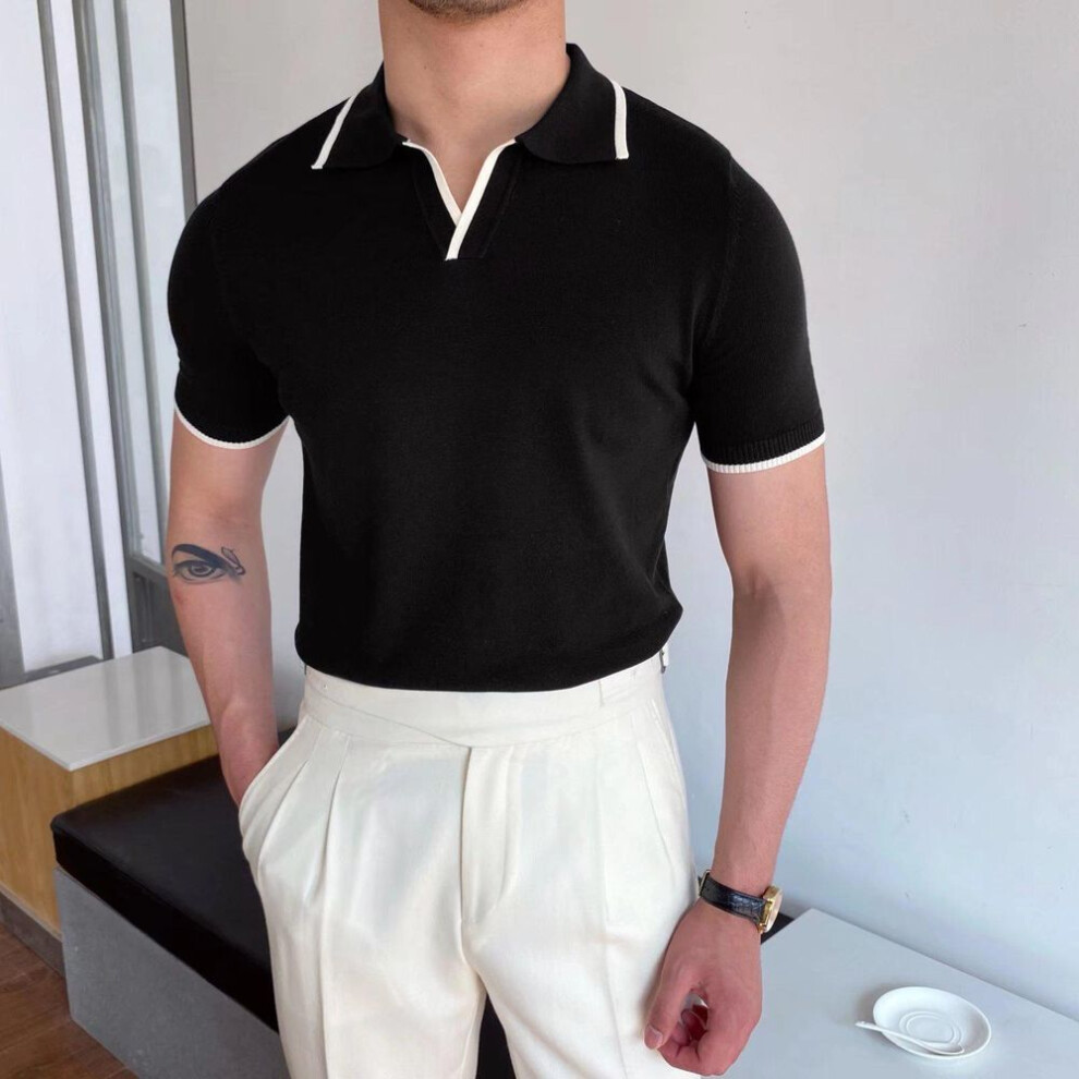 (black, L) Men's Casual Slim Fit Knitted Polo Shirt - Breathable, Non-Iron, Fashionable Short-Sleeve for Summer