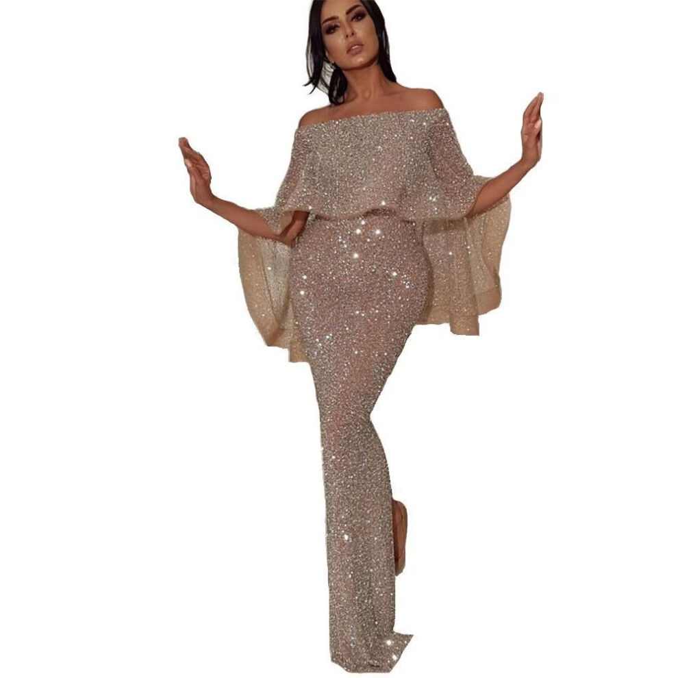 (silver, Extra Large) "gold-stamped One-shoulder Bat Sleeve Evening Dress For Autumn/winter