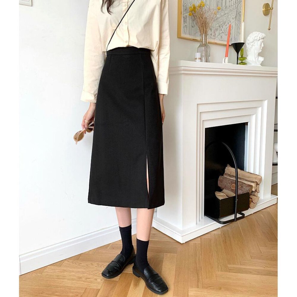 (black, XL) Women's Black A-Line Skirt - High Waist, Mid-Length, Autumn/Winter Style with Slit, 2021.