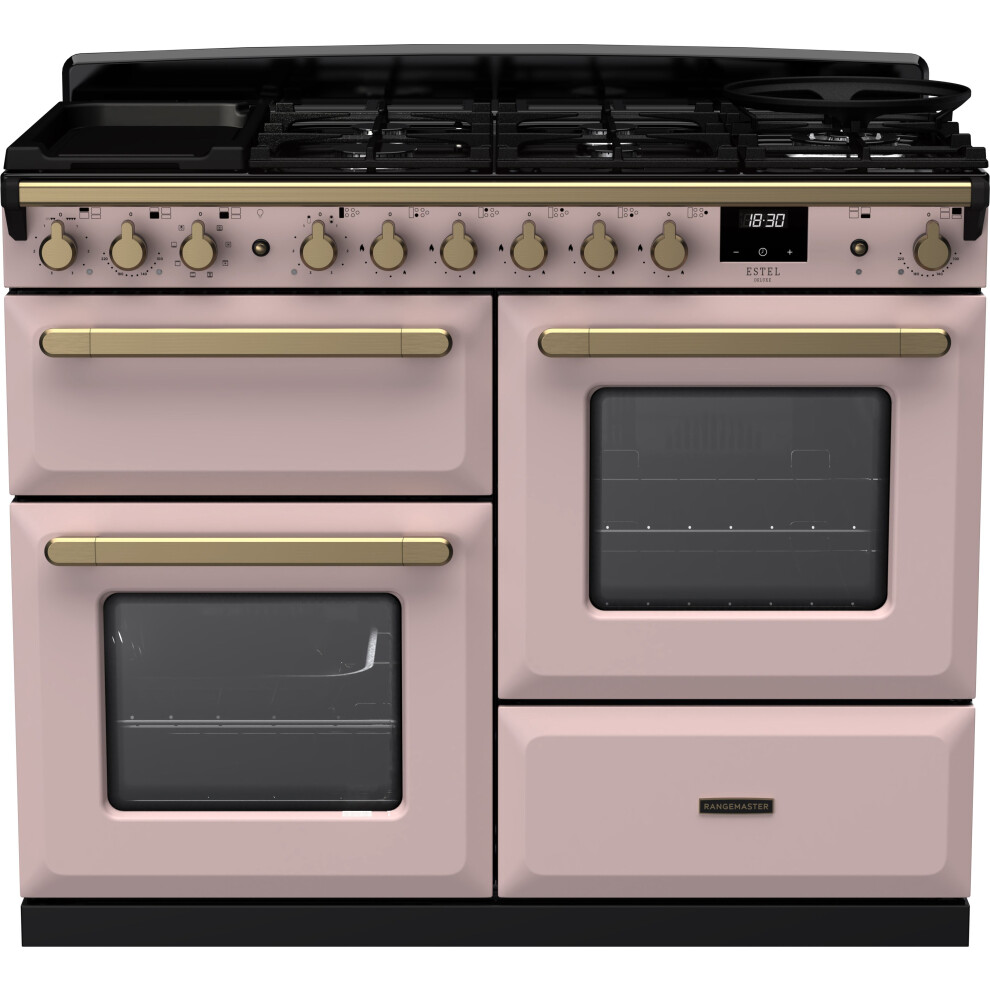 Rangemaster Estel Deluxe 110cm Dual Fuel Range Cooker - Pale Pink / Antique Brass - A/A Rated