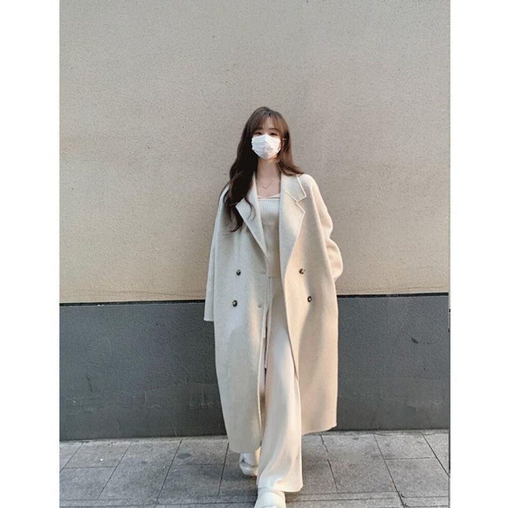 (apricot, 2XL) Women's Pink Woolen Mid-length Loose-fit Coat - 2023 Autumn/winter Korean Hepburn Style