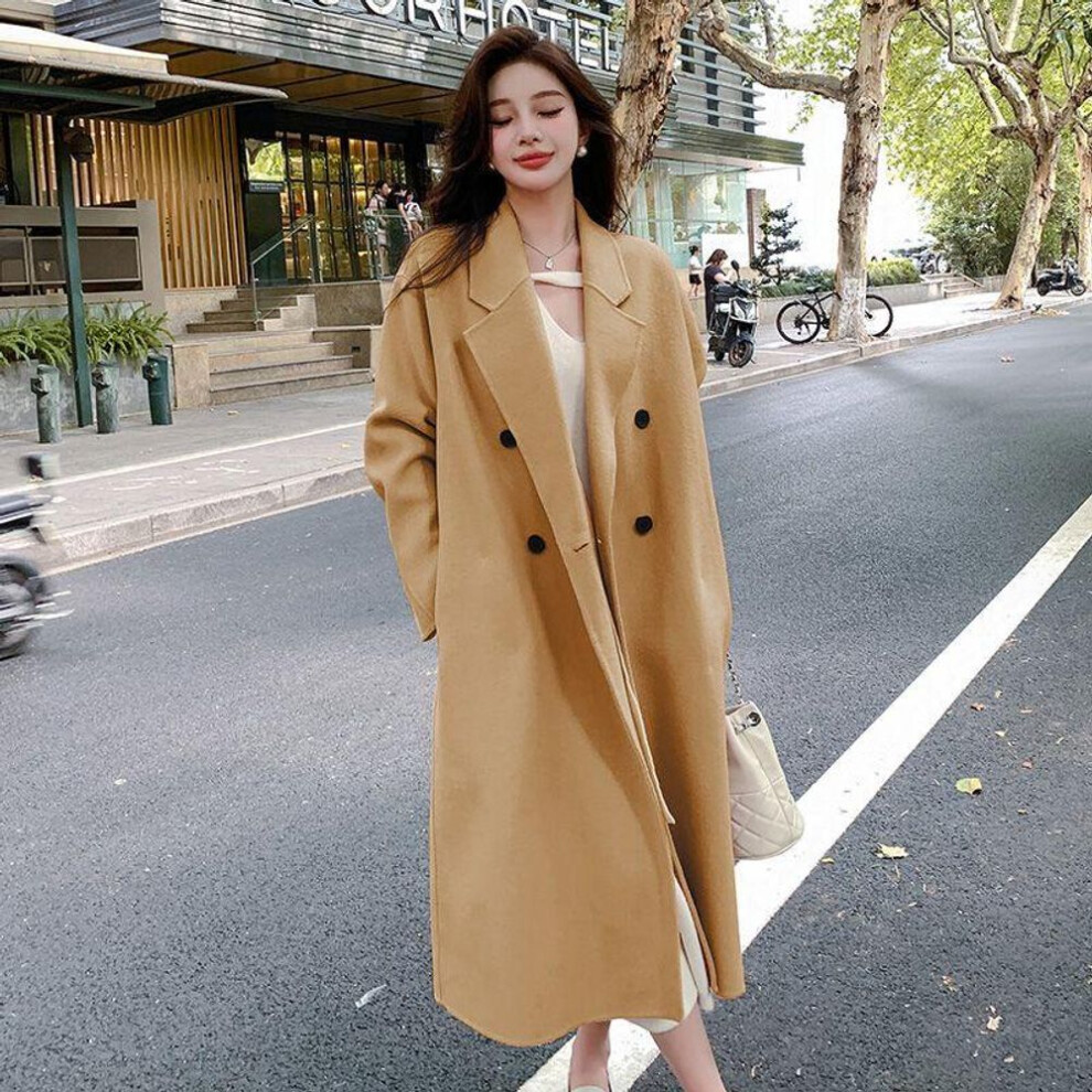 (camel, XL) Women's Pink Woolen Mid-length Loose-fit Coat - 2023 Autumn/winter Korean Hepburn Style