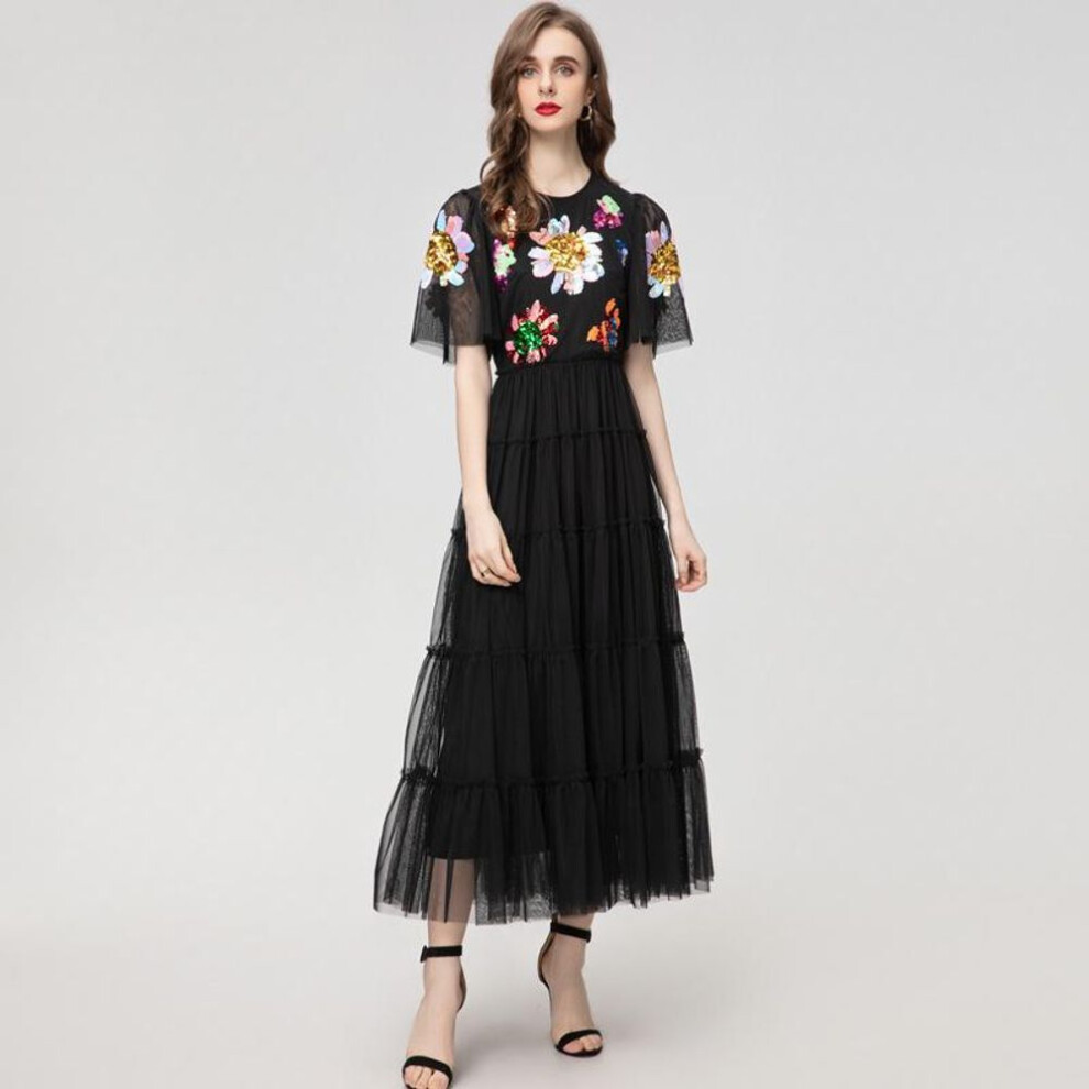 (black, Extra Large) 2024 Women's Black Sequin Trumpet Sleeve Slim Fit Midi Dress