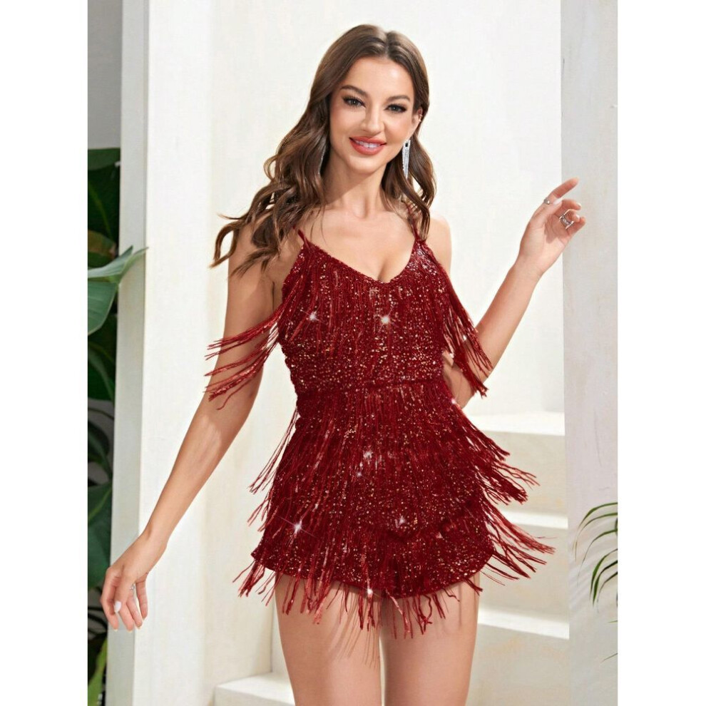 (wine red, L) "european & American Sexy Sequin Deep V Tassel Jumpsuit: Retro Party Slim Fit