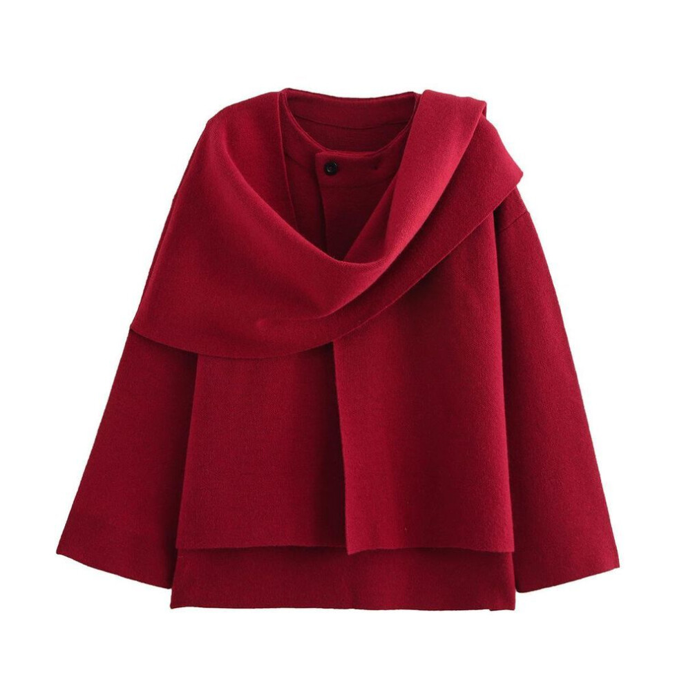 (red, Large) "ZA Asymmetrical Scarf Collar Knit Coat for Women - European & American Style