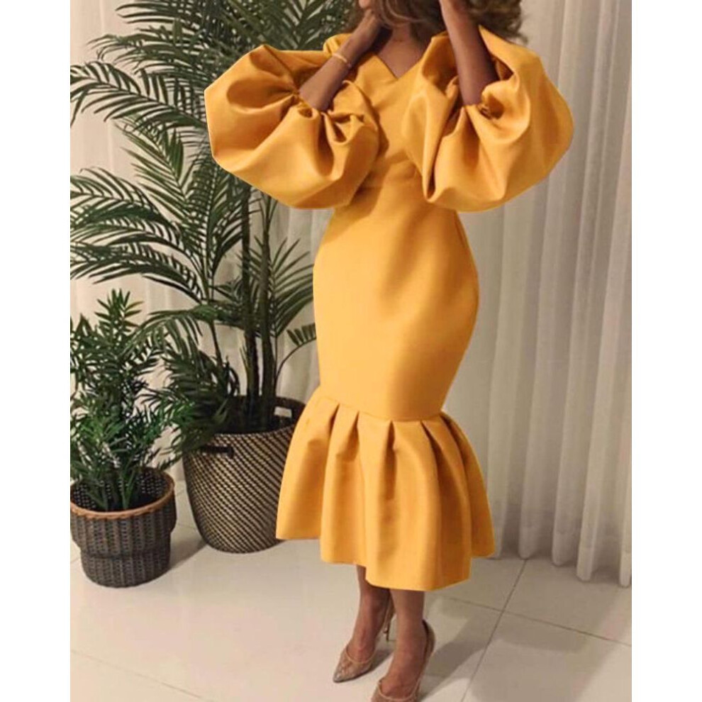 (yellow, S) Plus Size African Women's V-Neck Long Sleeve Fishtail Dress