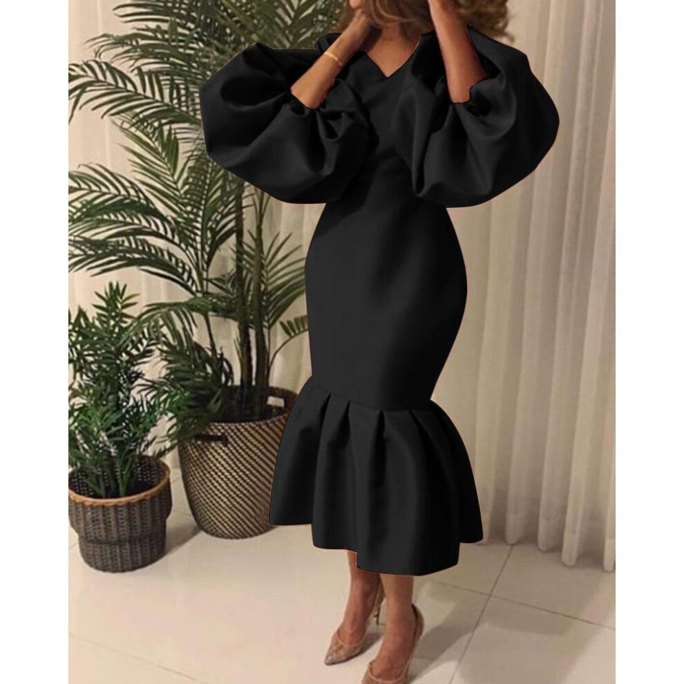 (black, S) Plus Size African Women's V-Neck Long Sleeve Fishtail Dress