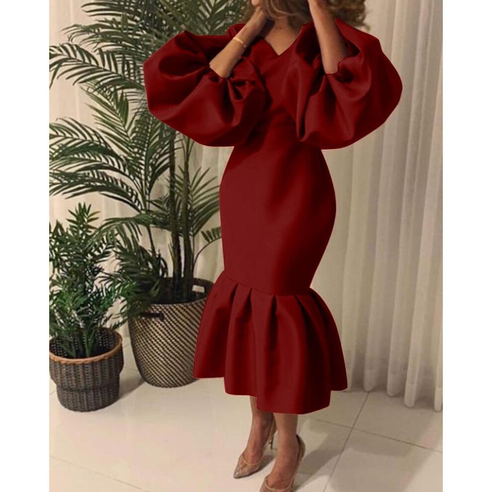 (wine red, 5XL) Plus Size African Women's V-Neck Long Sleeve Fishtail Dress