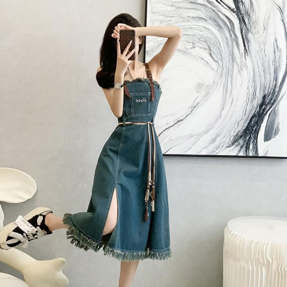 (blue, Extra Large) 2024 Spring/summer Women's High-waist Denim Tube Top A-line Midi Dress