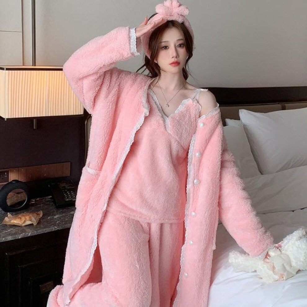 (pink, Medium) "Suspender Trousers & Outer Robe Set with Chest Pad + 3D Hairband - Autumn/Winter Sexy Pajamas Coral Fleece 4-Piece Set.